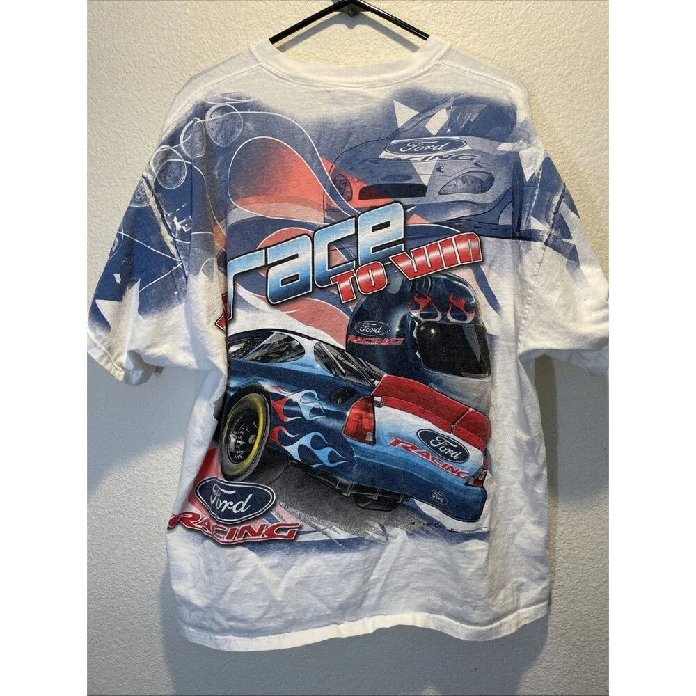Vintage Ford Racing We Race To Win All Over Print NASCAR T Shirt USA Made XXL